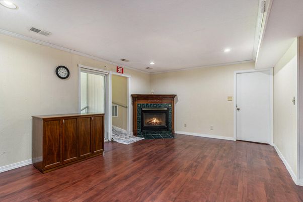 Empty room, Fireplace, Interior, Recessed Lighting, Wood Texture Flooring