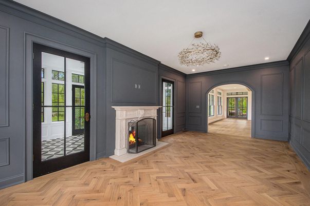 Chandelier, Empty room, Fireplace, Interior, Recessed Lighting, Wood Texture Flooring