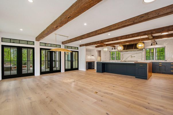 Interior, Kitchen, Pendant Lights, Recessed Lighting, Wooden Beams, Wood Texture Flooring