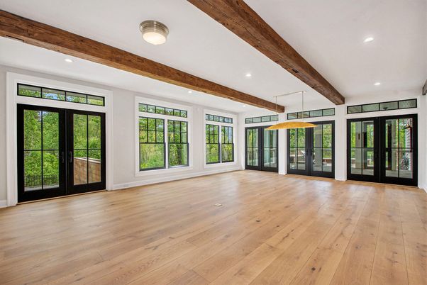 Empty room, Interior, Pendant Lights, Recessed Lighting, Wooden Beams, Wood Texture Flooring