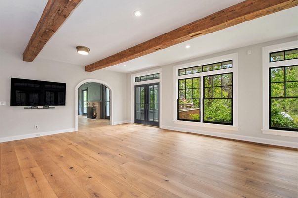Empty room, Interior, Recessed Lighting, Wooden Beams, Wood Texture Flooring