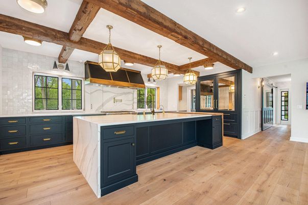 Interior, Kitchen, Marble Walls, Pendant Lights, Recessed Lighting, Wooden Beams, Wood Texture Flooring
