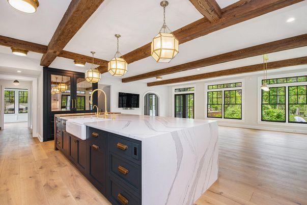 Interior, Kitchen, Pendant Lights, Recessed Lighting, Wooden Beams, Wood Texture Flooring