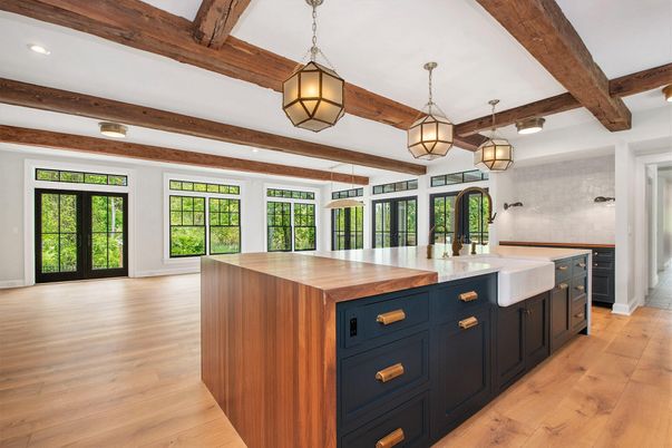 Interior, Kitchen, Pendant Lights, Recessed Lighting, Wooden Beams, Wood Texture Flooring
