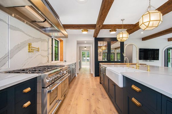 Interior, Kitchen, Pendant Lights, Recessed Lighting, Stainless Steel Appliances, Wooden Beams, Wood Texture Flooring