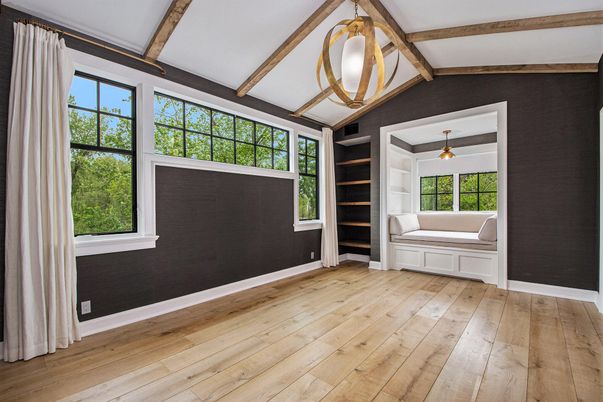 Empty room, Interior, Pendant Lights, Wooden Beams, Wood Texture Flooring