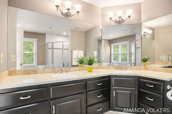 Bathroom, Dual Sink Vanities, Interior, Recessed Lighting, Tile Countertops