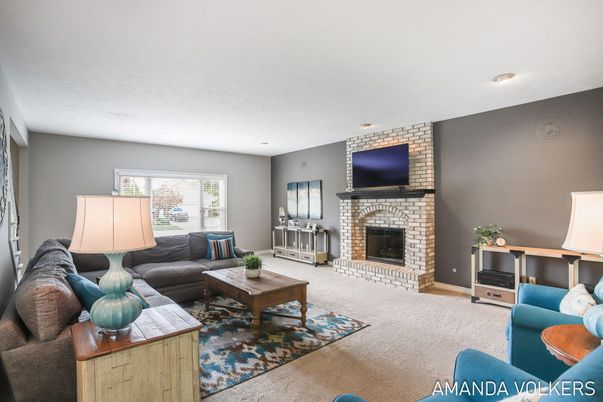 Fireplace, Interior, Living room, Recessed Lighting, Stone Walls