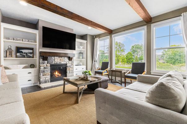 Fireplace, Interior, Living room, Recessed Lighting, Wooden Beams