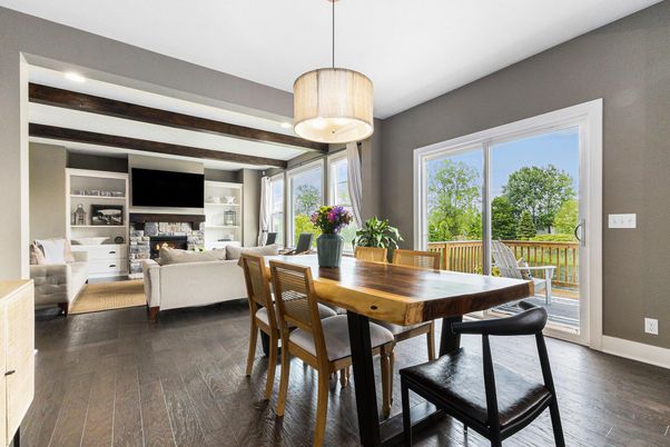 Dining room, Fireplace, Interior, Living room, Pendant Lights, Wood Texture Flooring