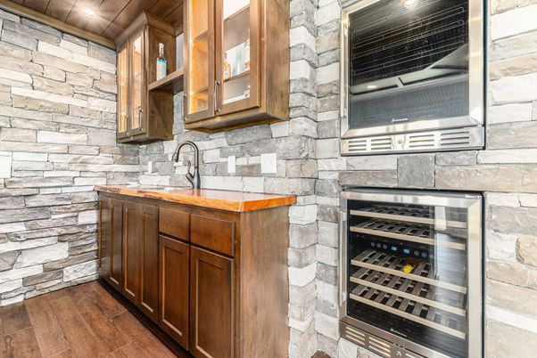 Interior, Kitchen, Recessed Lighting, Stone Walls, Wood Texture Flooring