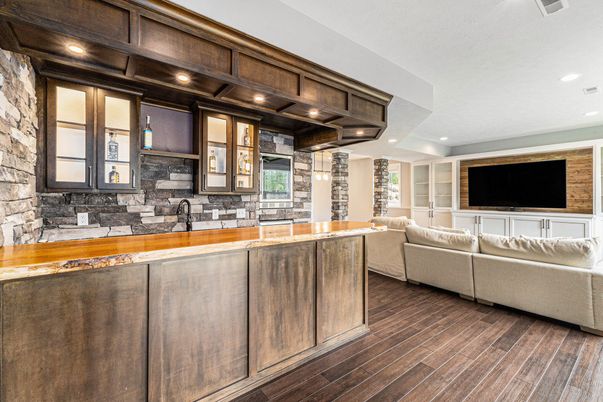 Interior, Living room, Recessed Lighting, Stone Walls, Wood Texture Flooring