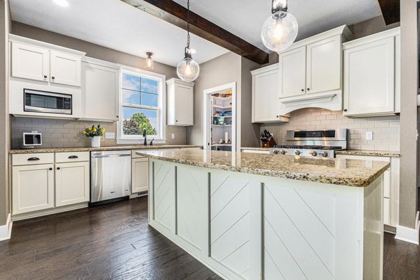 Interior, Kitchen, Pendant Lights, Recessed Lighting, Stainless Steel Appliances, Wooden Beams, Wood Texture Flooring