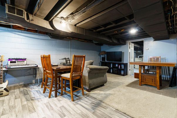 Dining room, Interior, Recessed Lighting, Stone Walls, Wood Texture Flooring
