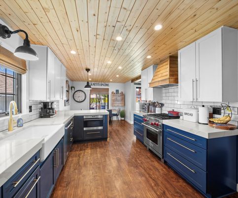 Interior, Kitchen, Recessed Lighting, Stainless Steel Appliances, Wooden Ceilings, Wood Texture Flooring