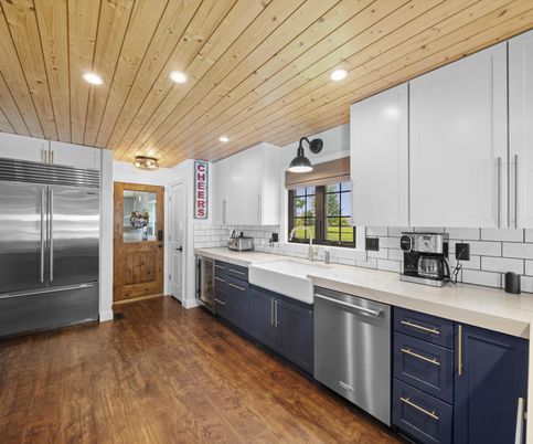 Interior, Kitchen, Recessed Lighting, Stainless Steel Appliances, Wooden Ceilings, Wood Texture Flooring