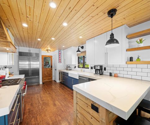 Interior, Kitchen, Pendant Lights, Recessed Lighting, Stainless Steel Appliances, Wooden Ceilings, Wood Texture Flooring