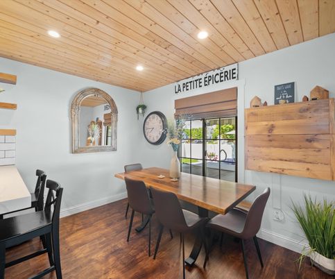 Dining room, Interior, Recessed Lighting, Wooden Ceilings, Wood Texture Flooring
