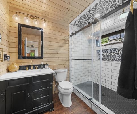 Bathroom, Glass Shower, Interior, Wooden Ceilings, Wood Texture Flooring, Wooden Walls