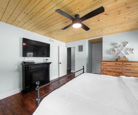 Bedroom, Fireplace, Interior, Wooden Ceilings, Wood Texture Flooring
