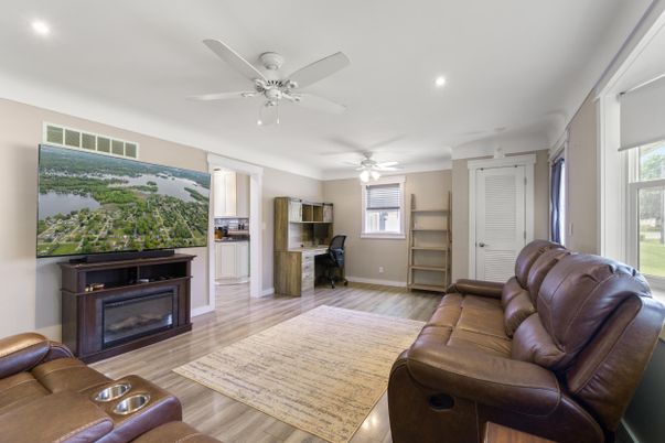 Home Theatre Room, Fireplace, Interior, Living room, Recessed Lighting, Wood Texture Flooring