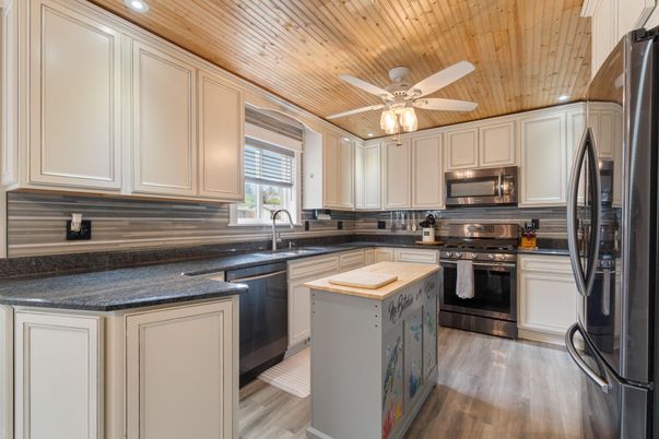 Interior, Kitchen, Recessed Lighting, Stainless Steel Appliances, Wooden Ceilings, Wood Texture Flooring