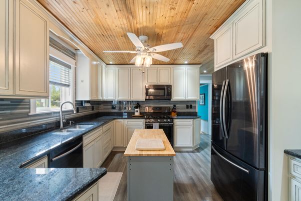 Interior, Kitchen, Recessed Lighting, Wooden Ceilings, Wood Texture Flooring