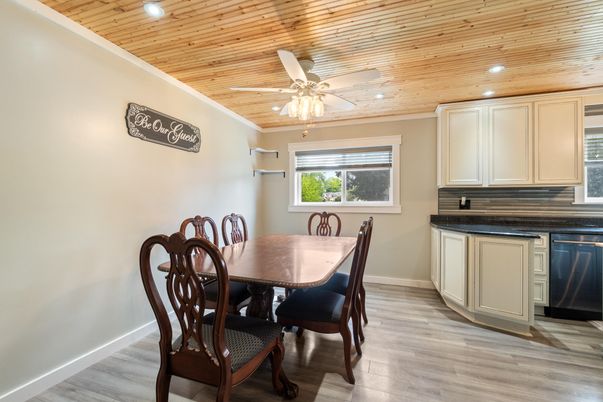 Dining room, Interior, Recessed Lighting, Wooden Ceilings, Wood Texture Flooring