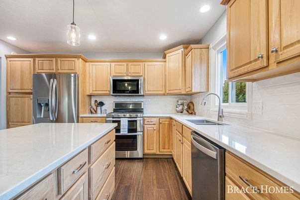 Interior, Kitchen, Pendant Lights, Recessed Lighting, Stainless Steel Appliances, Wood Texture Flooring