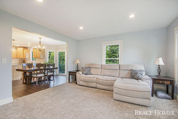 Chandelier, Dining room, Interior, Kitchen, Living room, Recessed Lighting, Wood Texture Flooring