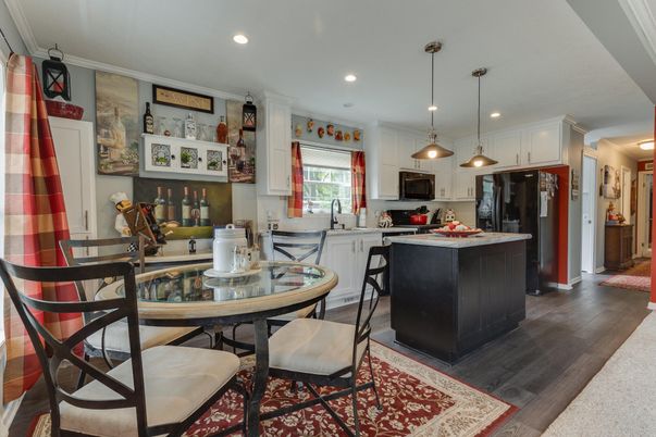 Dining room, Interior, Kitchen, Pendant Lights, Recessed Lighting, Wood Texture Flooring