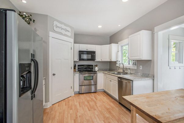 Interior, Kitchen, Recessed Lighting, Stainless Steel Appliances, Wood Texture Flooring