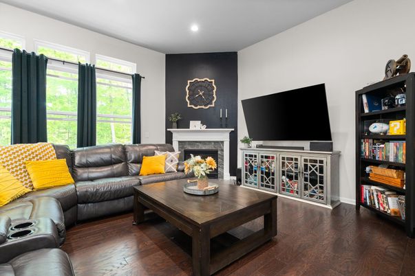 Fireplace, Interior, Living room, Recessed Lighting, Wood Texture Flooring