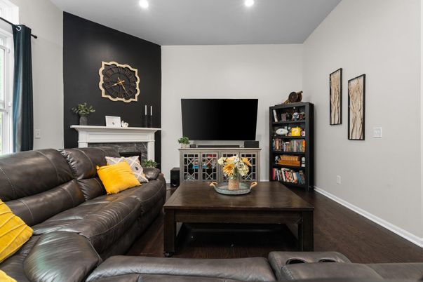 Fireplace, Interior, Living room, Recessed Lighting, Wood Texture Flooring