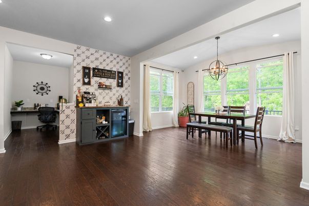 Chandelier, Dining room, Interior, Recessed Lighting, Wood Texture Flooring