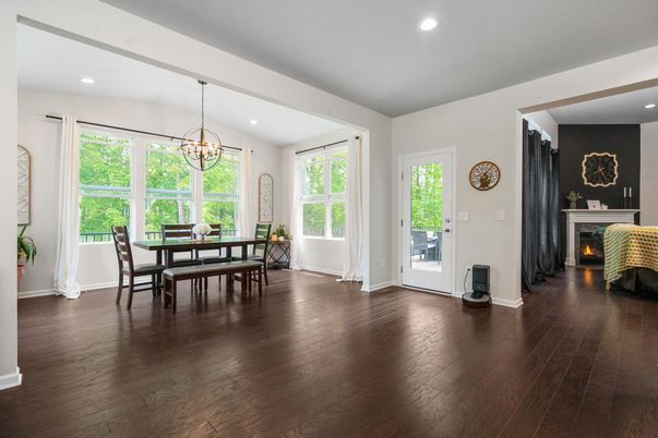 Chandelier, Dining room, Fireplace, Interior, Recessed Lighting, Wood Texture Flooring