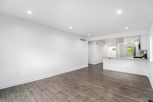 Empty room, Interior, Kitchen, Recessed Lighting, Wood Texture Flooring