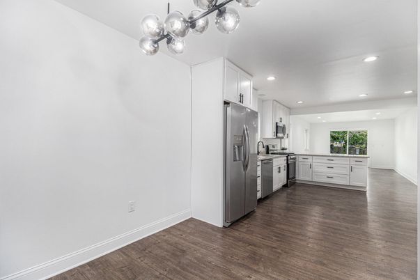 Interior, Kitchen, Recessed Lighting, Stainless Steel Appliances, Wood Texture Flooring