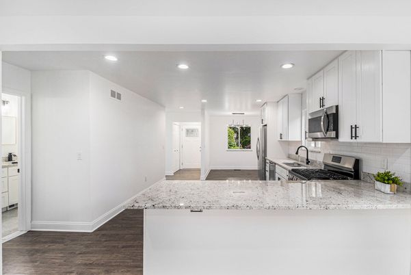 Interior, Kitchen, Recessed Lighting, Stainless Steel Appliances, Wood Texture Flooring