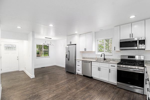 Interior, Kitchen, Recessed Lighting, Stainless Steel Appliances, Wood Texture Flooring