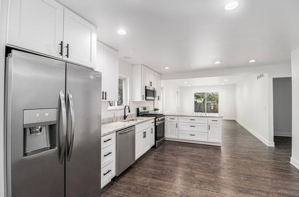 Interior, Kitchen, Recessed Lighting, Stainless Steel Appliances, Wood Texture Flooring