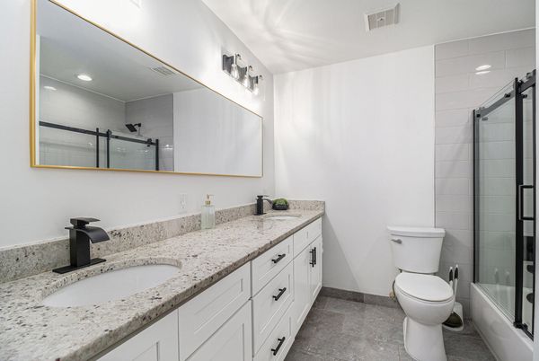 Bathroom, Dual Sink Vanities, Glass Shower, Interior, Recessed Lighting