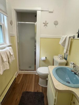 Bathroom, Glass Shower, Interior, Wood Texture Flooring