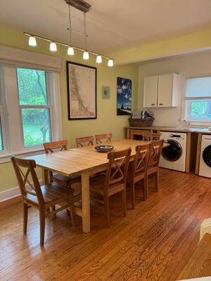 Dining room, Interior, Pendant Lights, Washer, Wood Texture Flooring