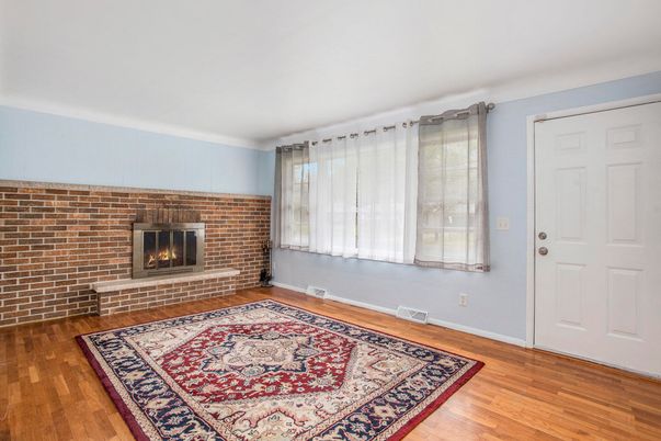 Empty room, Fireplace, Interior, Stone Walls, Wood Texture Flooring