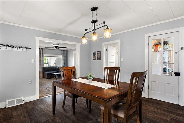 Dining room, Interior, Pendant Lights, Wood Texture Flooring