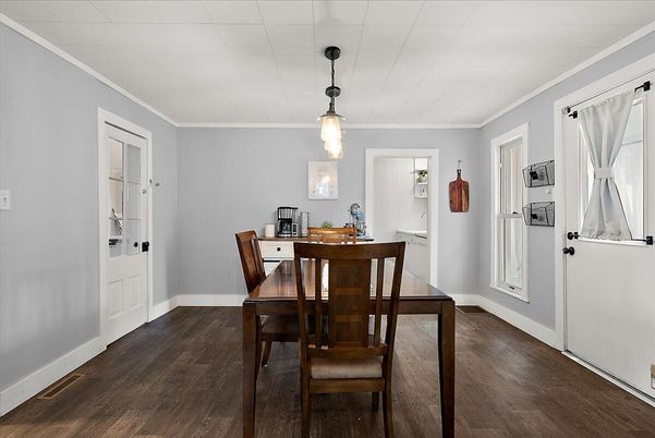 Dining room, Interior, Pendant Lights, Wood Texture Flooring