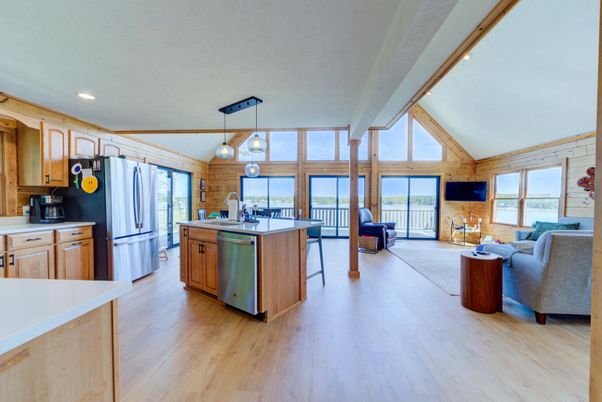 Interior, Kitchen, Living room, Pendant Lights, Recessed Lighting, Wood Texture Flooring, Wooden Walls