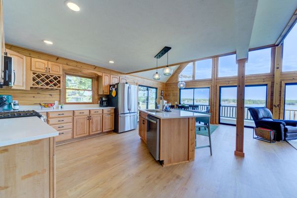 Interior, Kitchen, Pendant Lights, Recessed Lighting, Water, Wood Texture Flooring, Wooden Walls