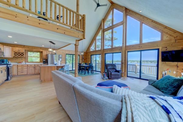 Dining room, Interior, Kitchen, Living room, Pendant Lights, Recessed Lighting, Water, Wooden Beams, Wood Texture Flooring, Wooden Walls